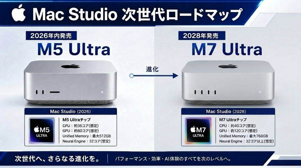 Mac Studio、まさかの二段階進化！年内にM5 Ultra、二〇二八年にはM7 Ultra登場へ。あなたはどっち派？